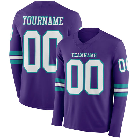Custom Purple White-Teal Long Sleeve Authentic Football Jersey - Main View