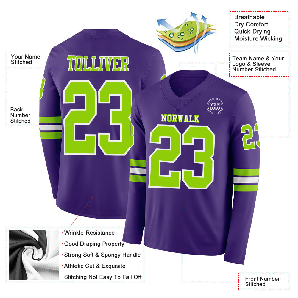 Custom Purple Neon Green-White Long Sleeve Authentic Football Jersey view 2