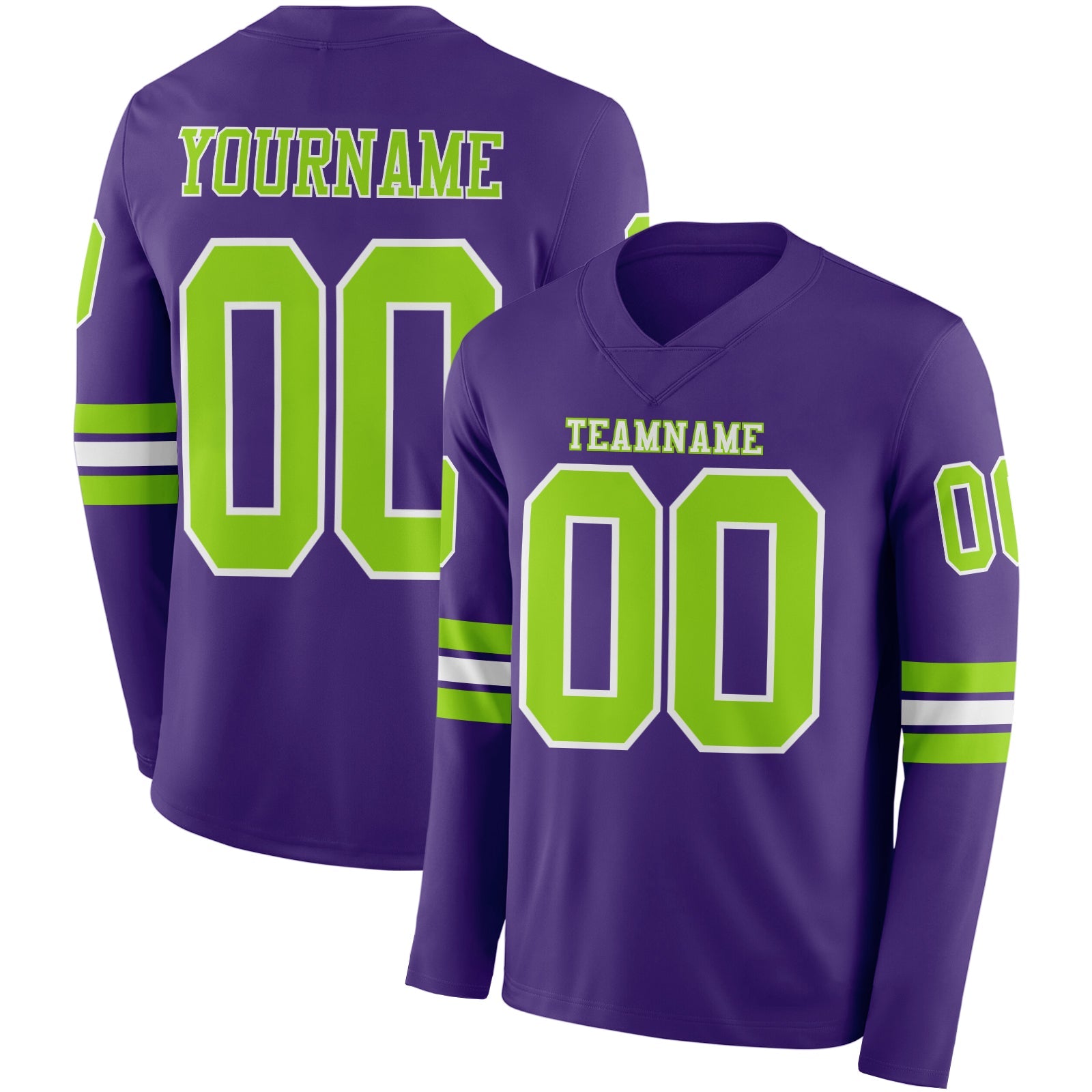 Custom Purple Neon Green-White Long Sleeve Authentic Football Jersey - Main View
