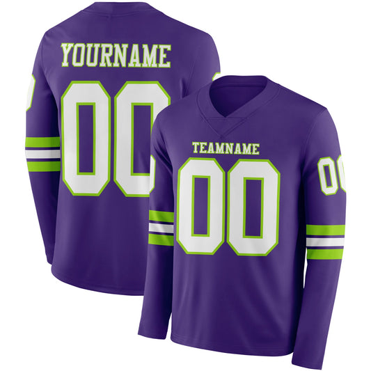 Custom Purple White-Neon Green Long Sleeve Authentic Football Jersey - Main View