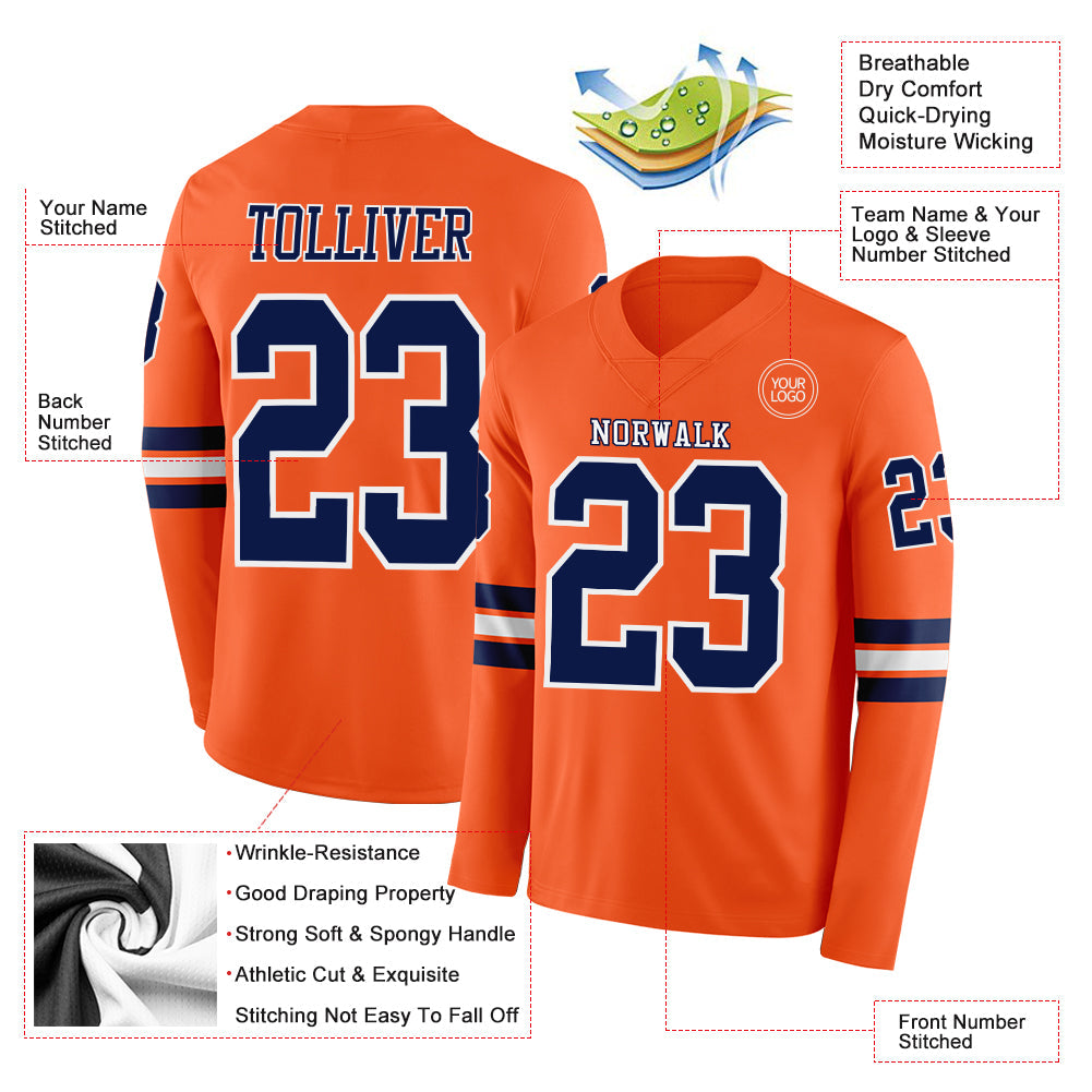 Custom Orange Navy-White Long Sleeve Authentic Football Jersey view 2