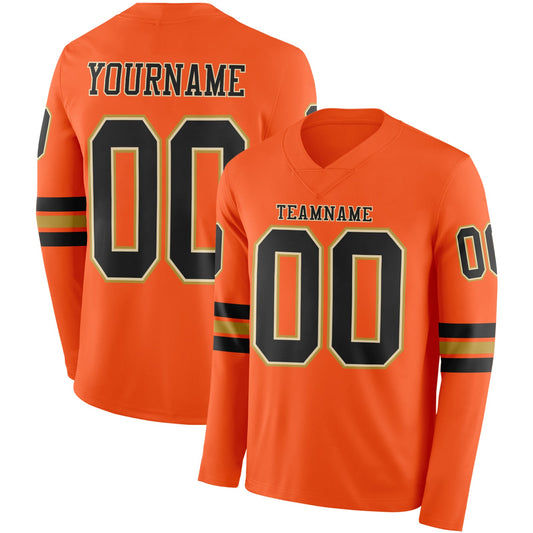 Custom Orange Black Cream-Old Gold Long Sleeve Authentic Football Jersey - Main View