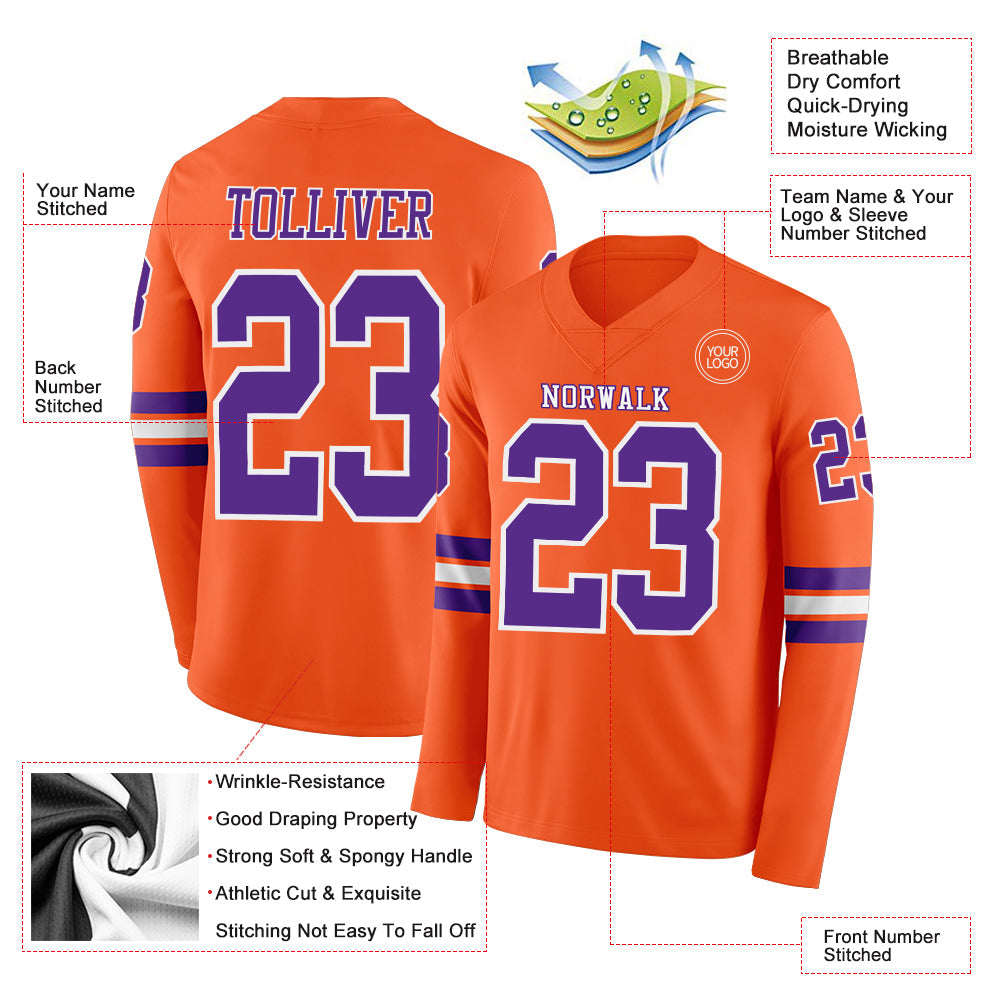 Custom Orange Purple-White Long Sleeve Authentic Football Jersey view 2