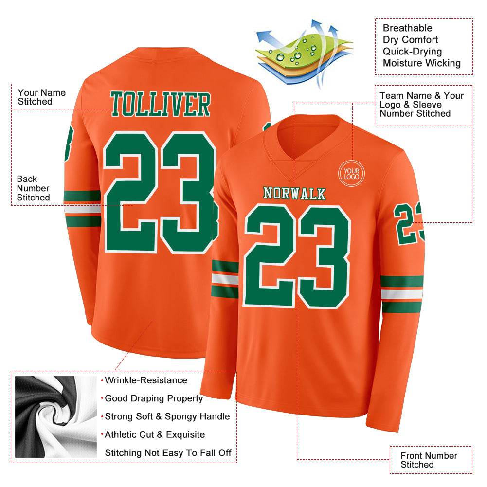 Custom Orange Kelly Green-White Long Sleeve Authentic Football Jersey view 2