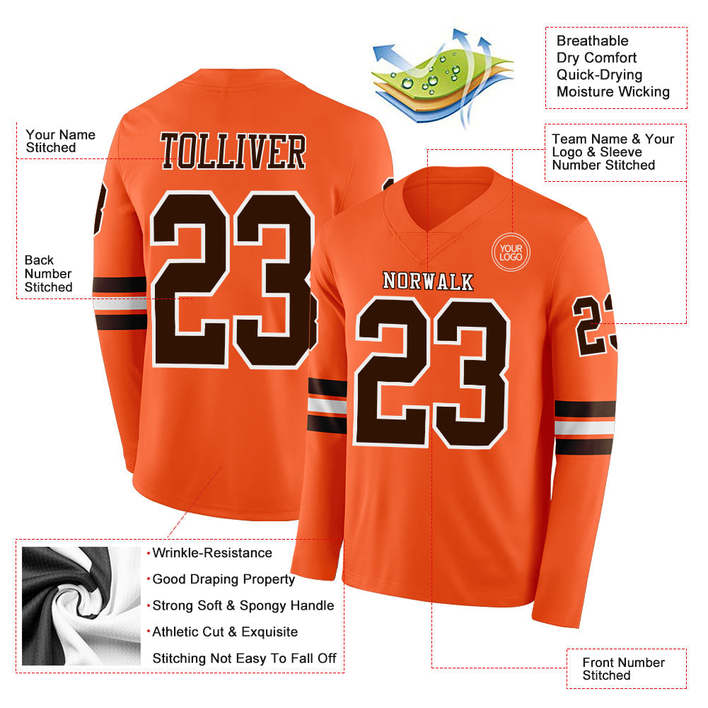 Custom Orange Brown-White Long Sleeve Authentic Football Jersey view 2