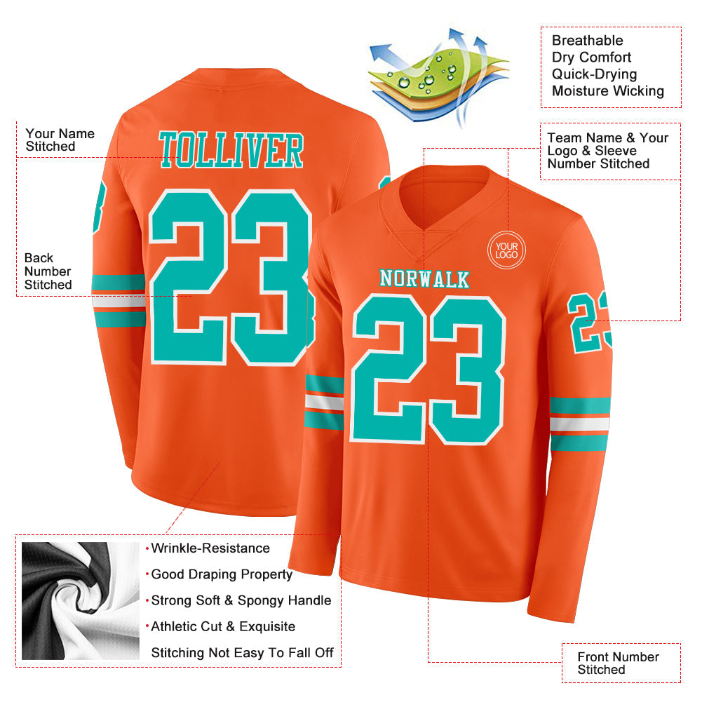 Custom Orange Aqua-White Long Sleeve Authentic Football Jersey view 2
