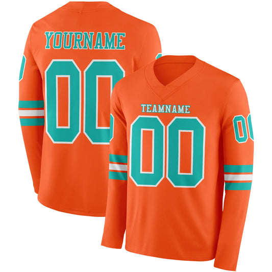 Custom Orange Aqua-White Long Sleeve Authentic Football Jersey - Main View