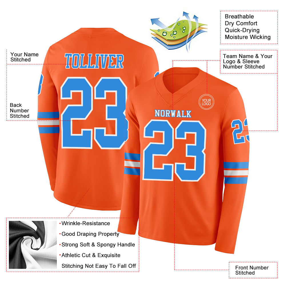 Custom Orange Powder Blue-White Long Sleeve Authentic Football Jersey view 2