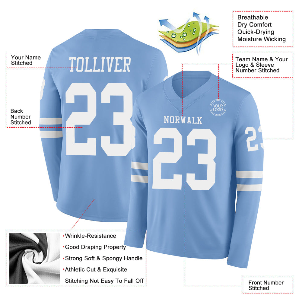 Custom Light Blue White Long Sleeve Authentic Football Jersey view 2