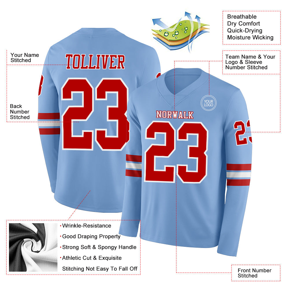 Custom Light Blue Red-White Long Sleeve Authentic Football Jersey view 2