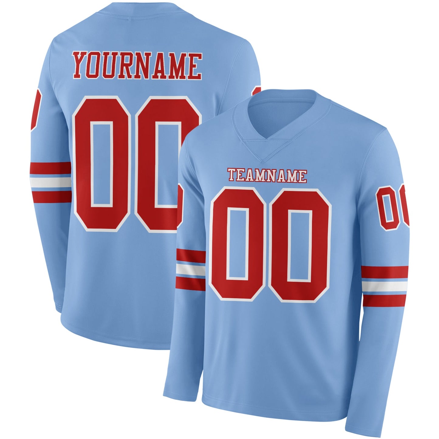Custom Light Blue Red-White Long Sleeve Authentic Football Jersey - Main View