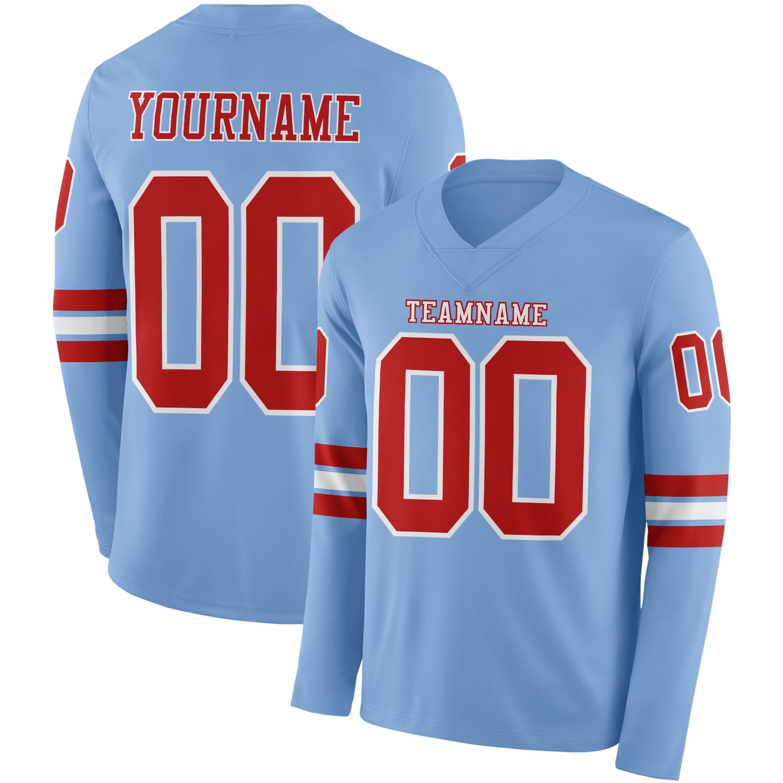 Custom Light Blue Red-White Long Sleeve Authentic Football Jersey - Main View