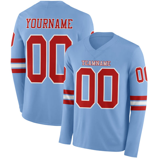 Custom Light Blue Red-White Long Sleeve Authentic Football Jersey - Main View