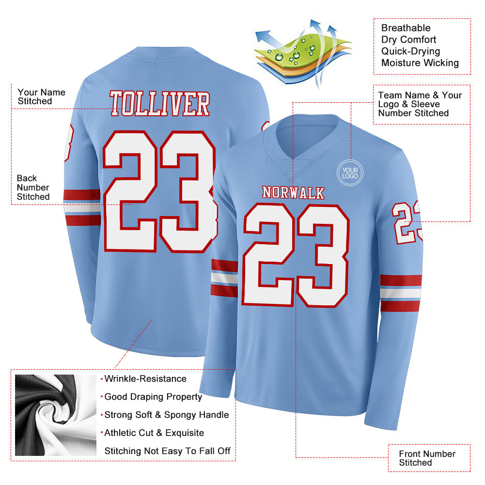 Custom Light Blue White-Red Long Sleeve Authentic Football Jersey view 2