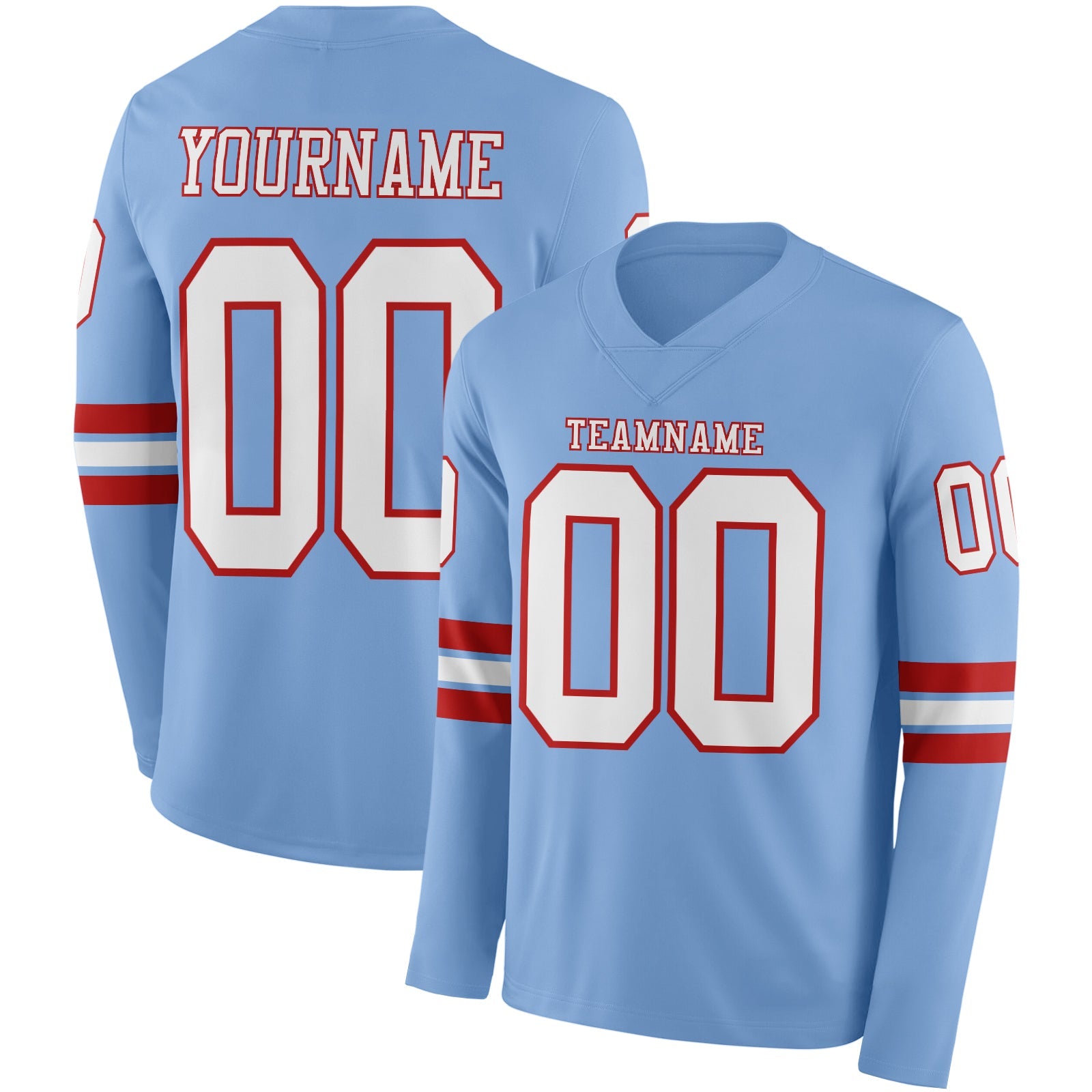Custom Light Blue White-Red Long Sleeve Authentic Football Jersey - Main View