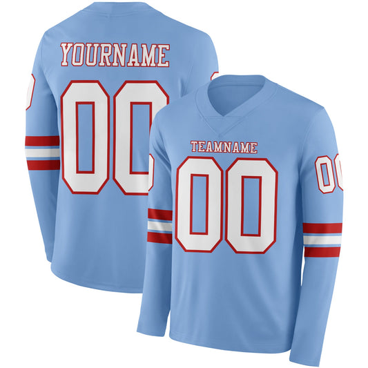 Custom Light Blue White-Red Long Sleeve Authentic Football Jersey - Main View