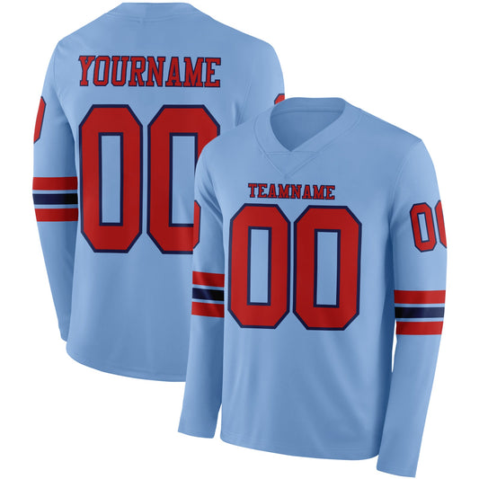 Custom Light Blue Red-Navy Long Sleeve Authentic Football Jersey - Main View