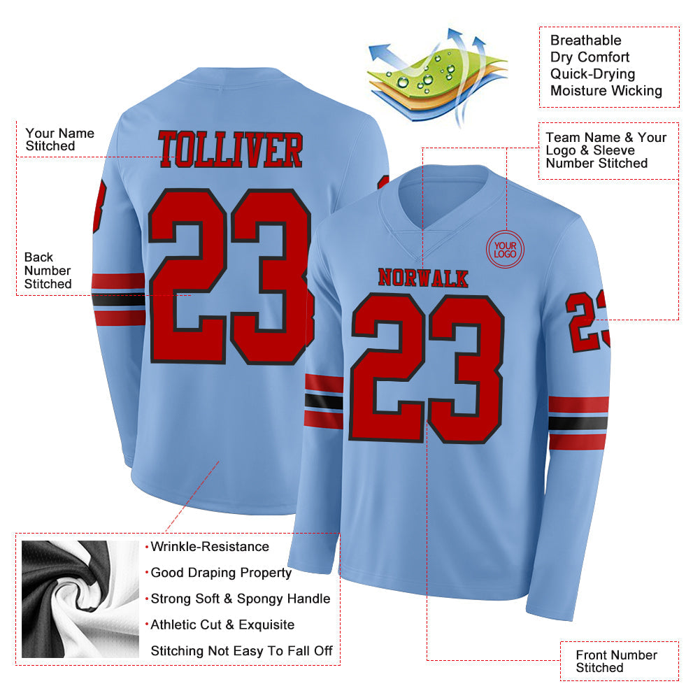 Custom Light Blue Red-Black Long Sleeve Authentic Football Jersey view 2