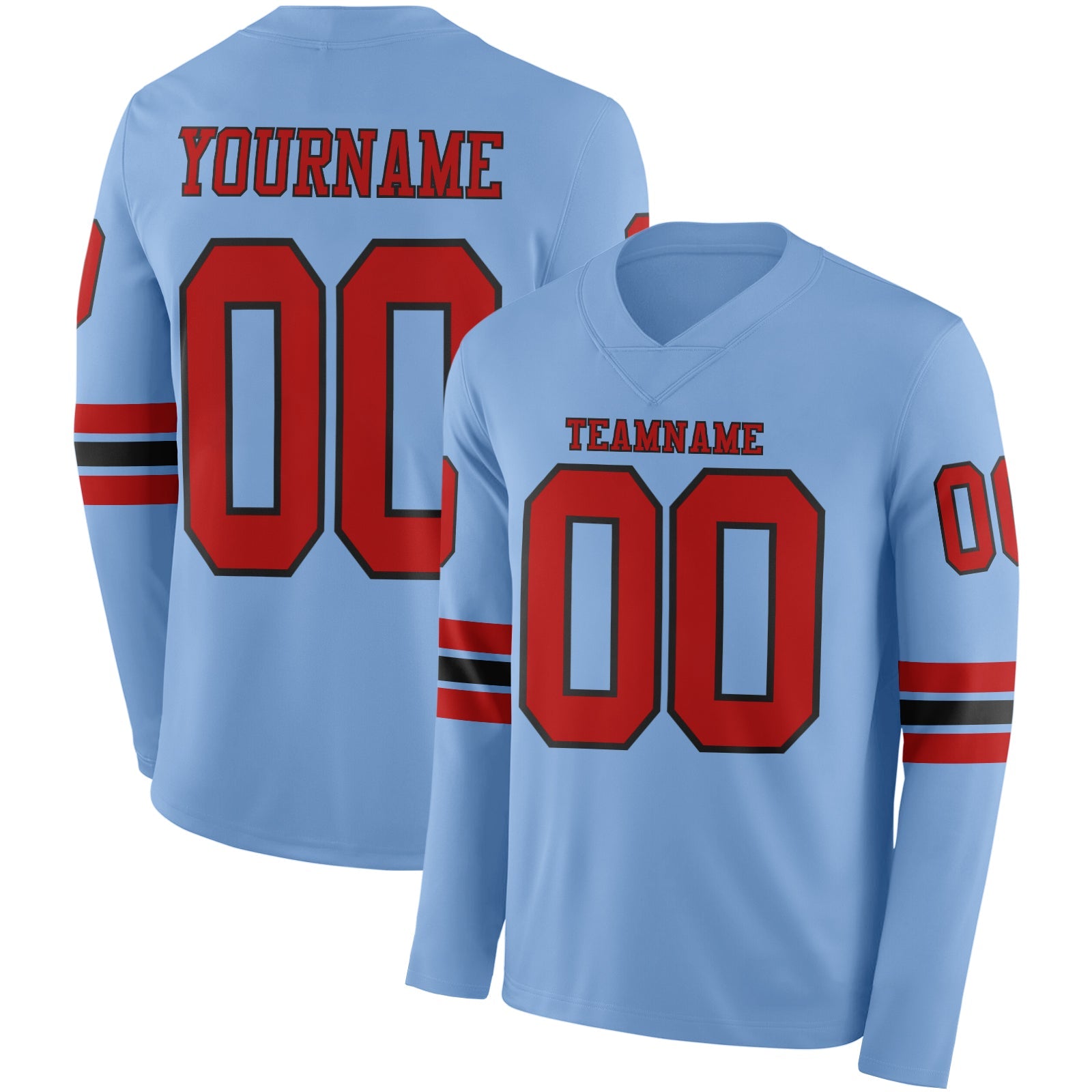 Custom Light Blue Red-Black Long Sleeve Authentic Football Jersey - Main View