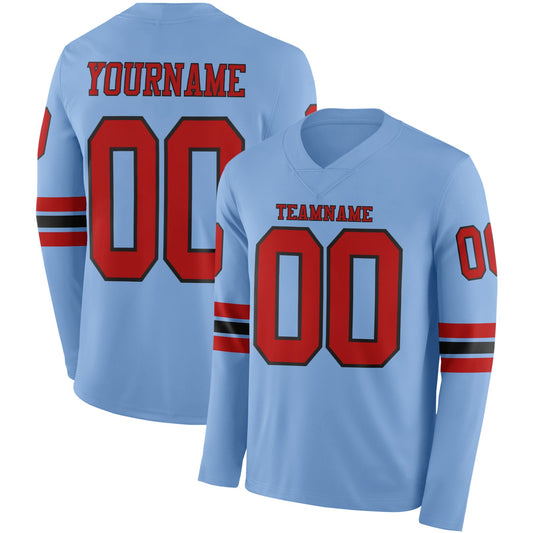 Custom Light Blue Red-Black Long Sleeve Authentic Football Jersey - Main View