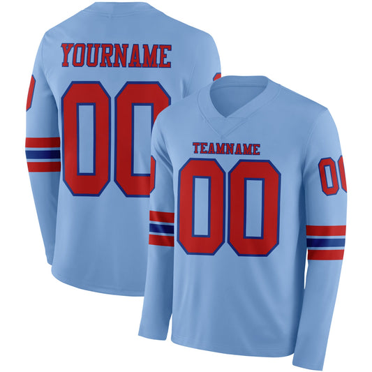 Custom Light Blue Red-Royal Long Sleeve Authentic Football Jersey - Main View