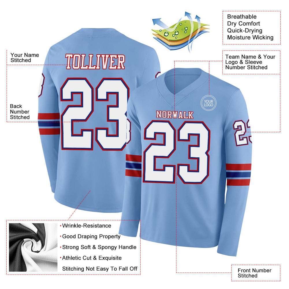 Custom Light Blue White Royal-Red Long Sleeve Authentic Football Jersey view 2