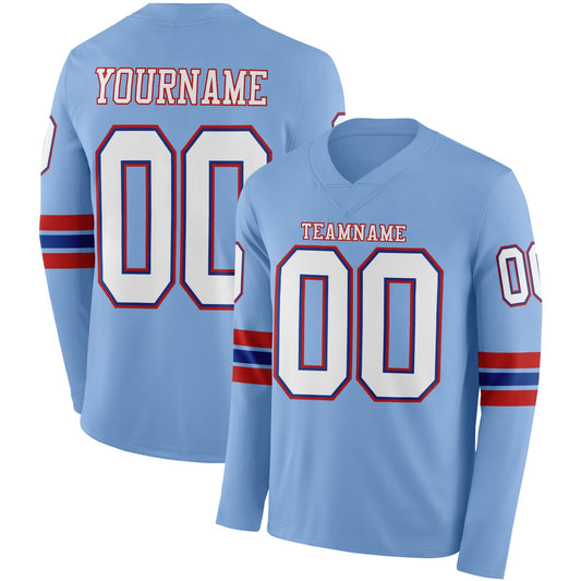 Custom Light Blue White Royal-Red Long Sleeve Authentic Football Jersey - Main View