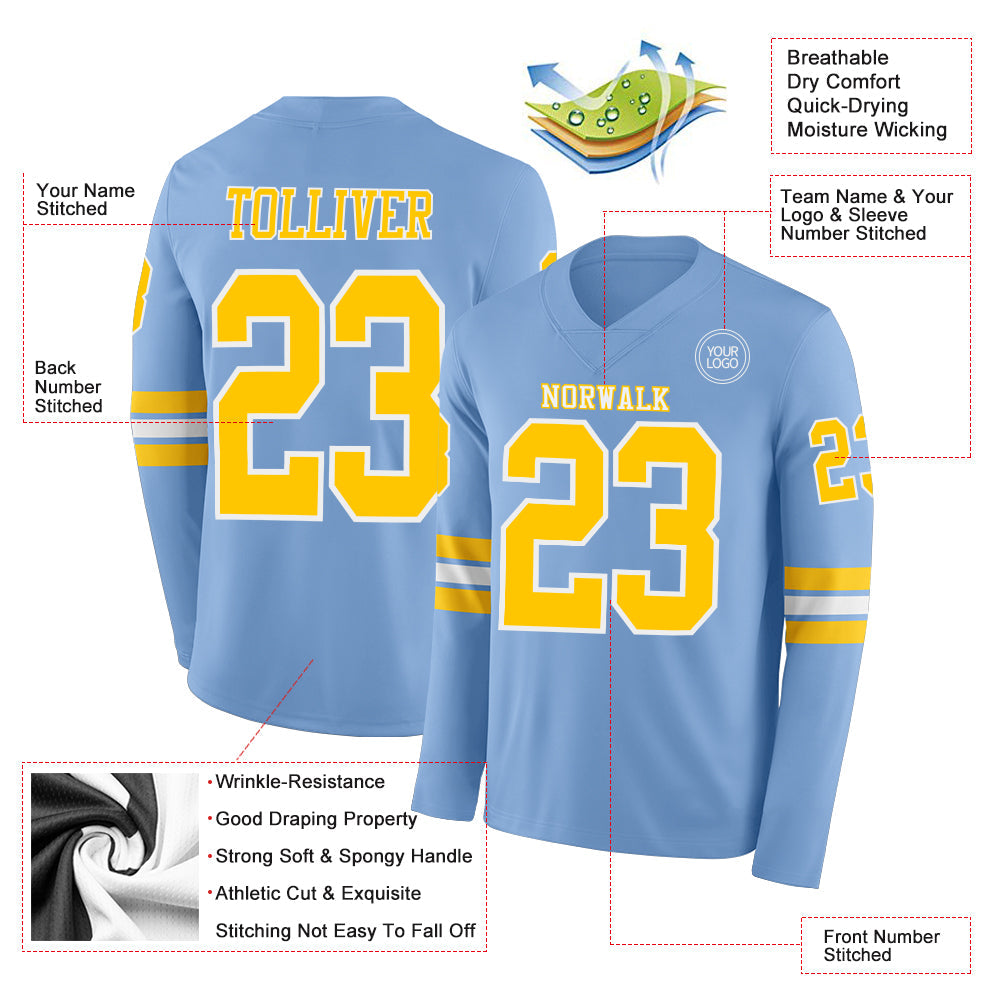 Custom Light Blue Yellow-White Long Sleeve Authentic Football Jersey view 2