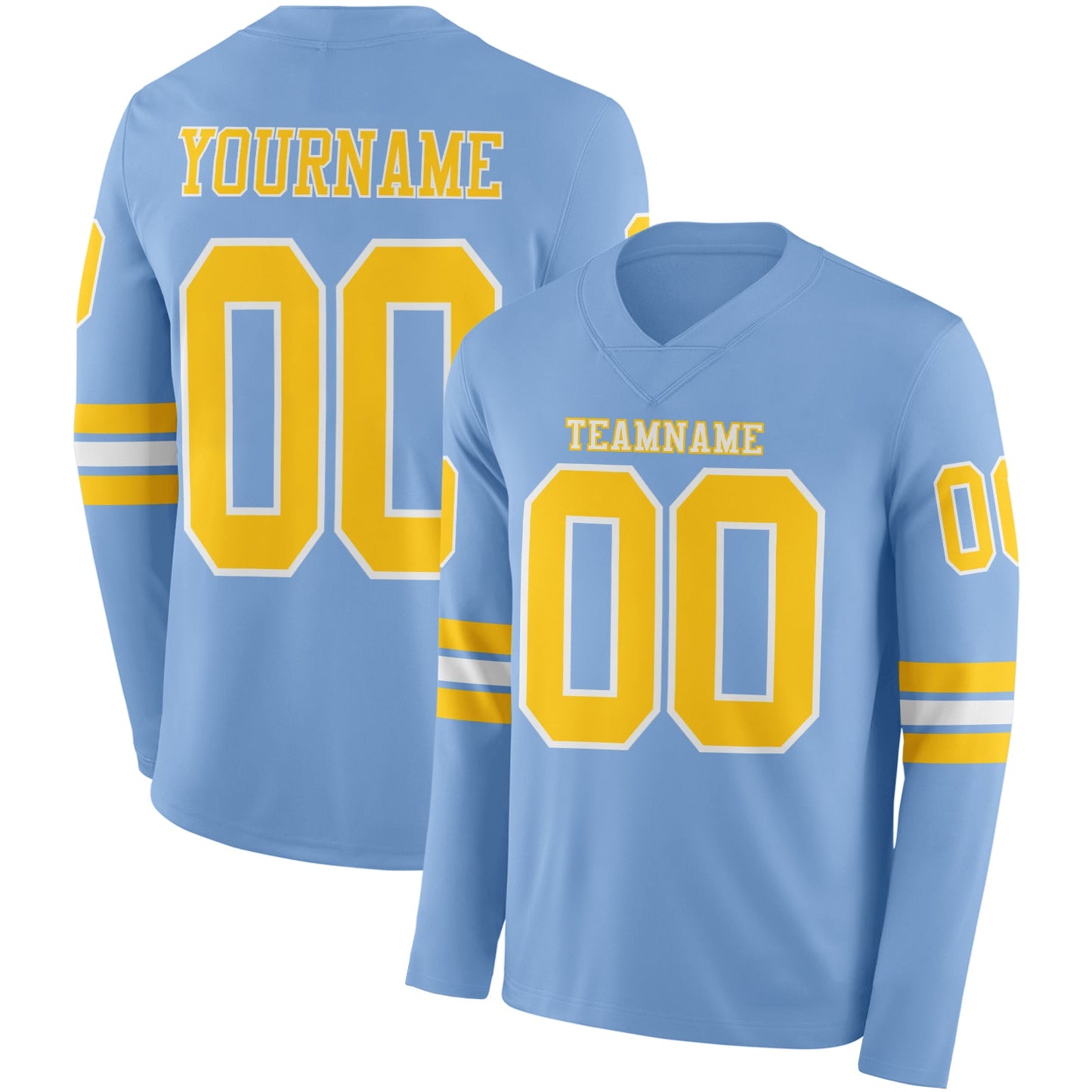 Custom Light Blue Yellow-White Long Sleeve Authentic Football Jersey - Main View