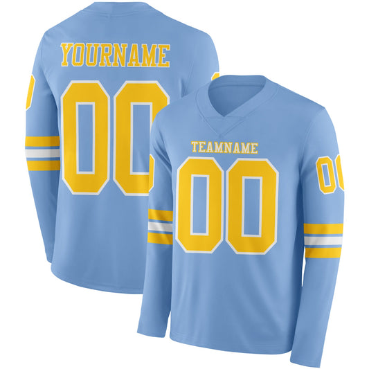 Custom Light Blue Yellow-White Long Sleeve Authentic Football Jersey - Main View