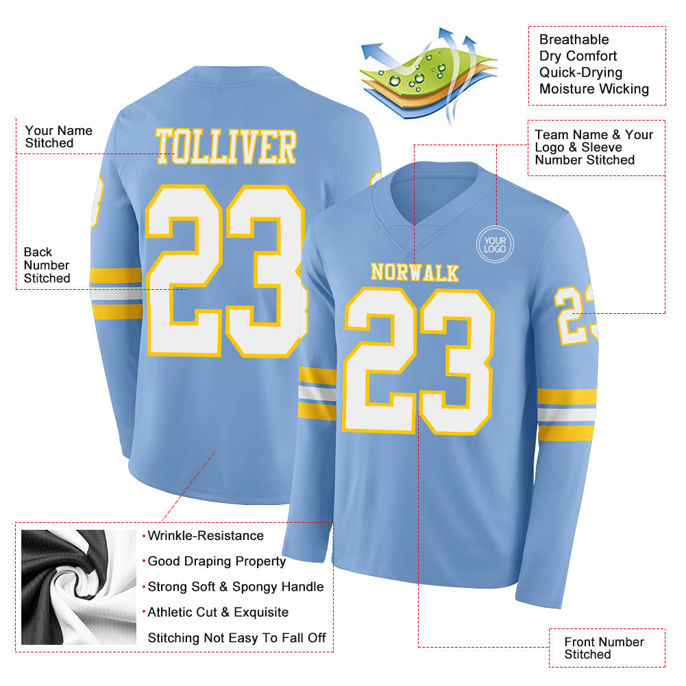 Custom Light Blue White-Yellow Long Sleeve Authentic Football Jersey view 2