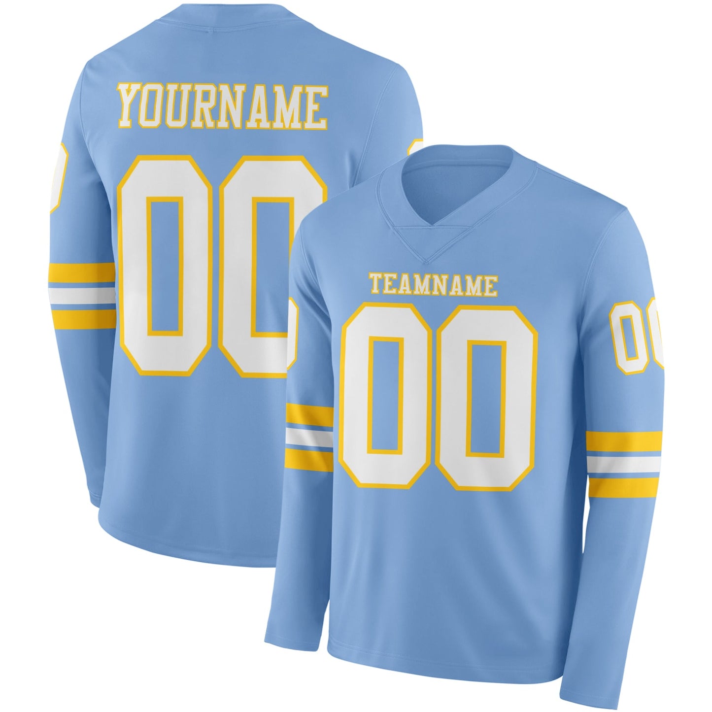 Custom Light Blue White-Yellow Long Sleeve Authentic Football Jersey - Main View