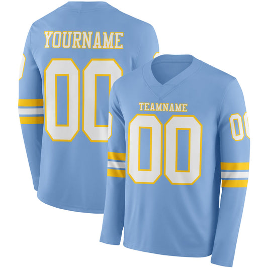 Custom Light Blue White-Yellow Long Sleeve Authentic Football Jersey - Main View