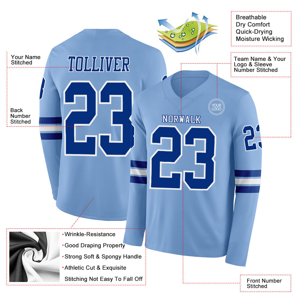 Custom Light Blue Royal-White Long Sleeve Authentic Football Jersey view 2