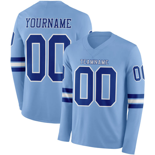 Custom Light Blue Royal-White Long Sleeve Authentic Football Jersey - Main View