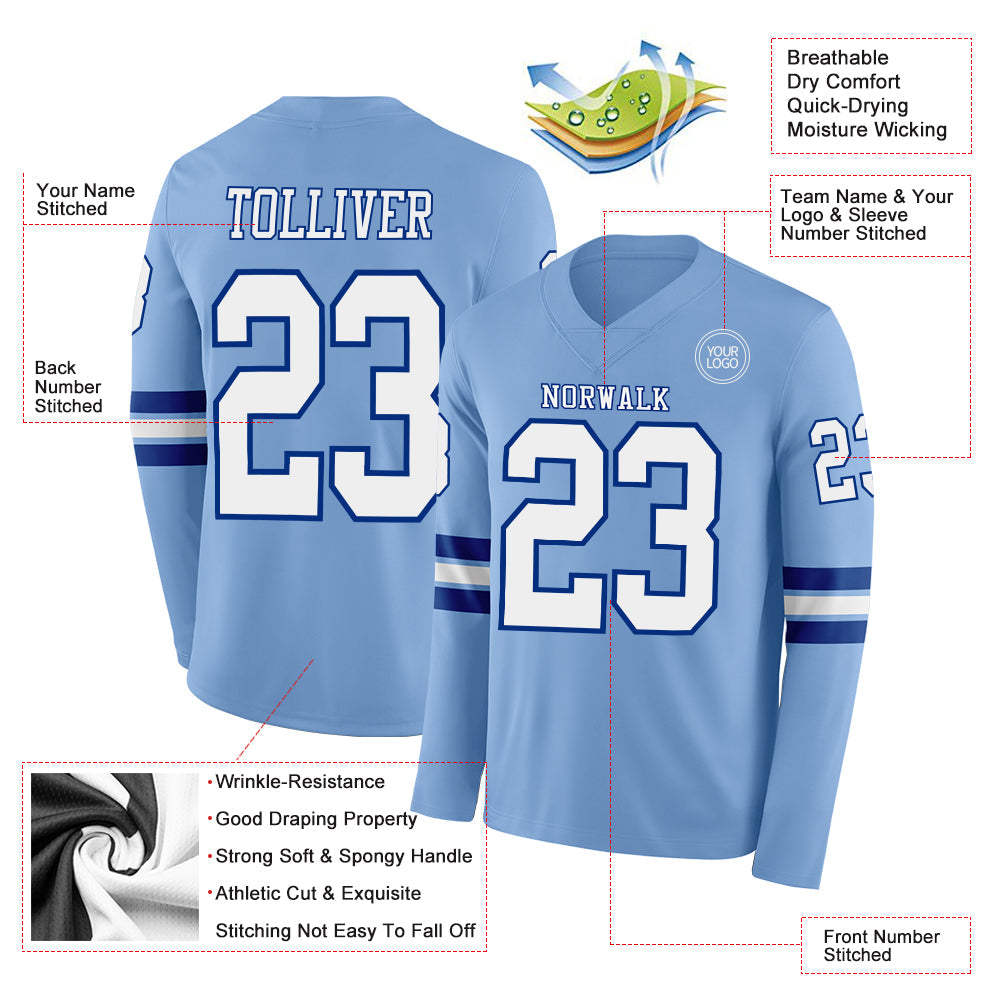 Custom Light Blue White-Royal Long Sleeve Authentic Football Jersey view 2