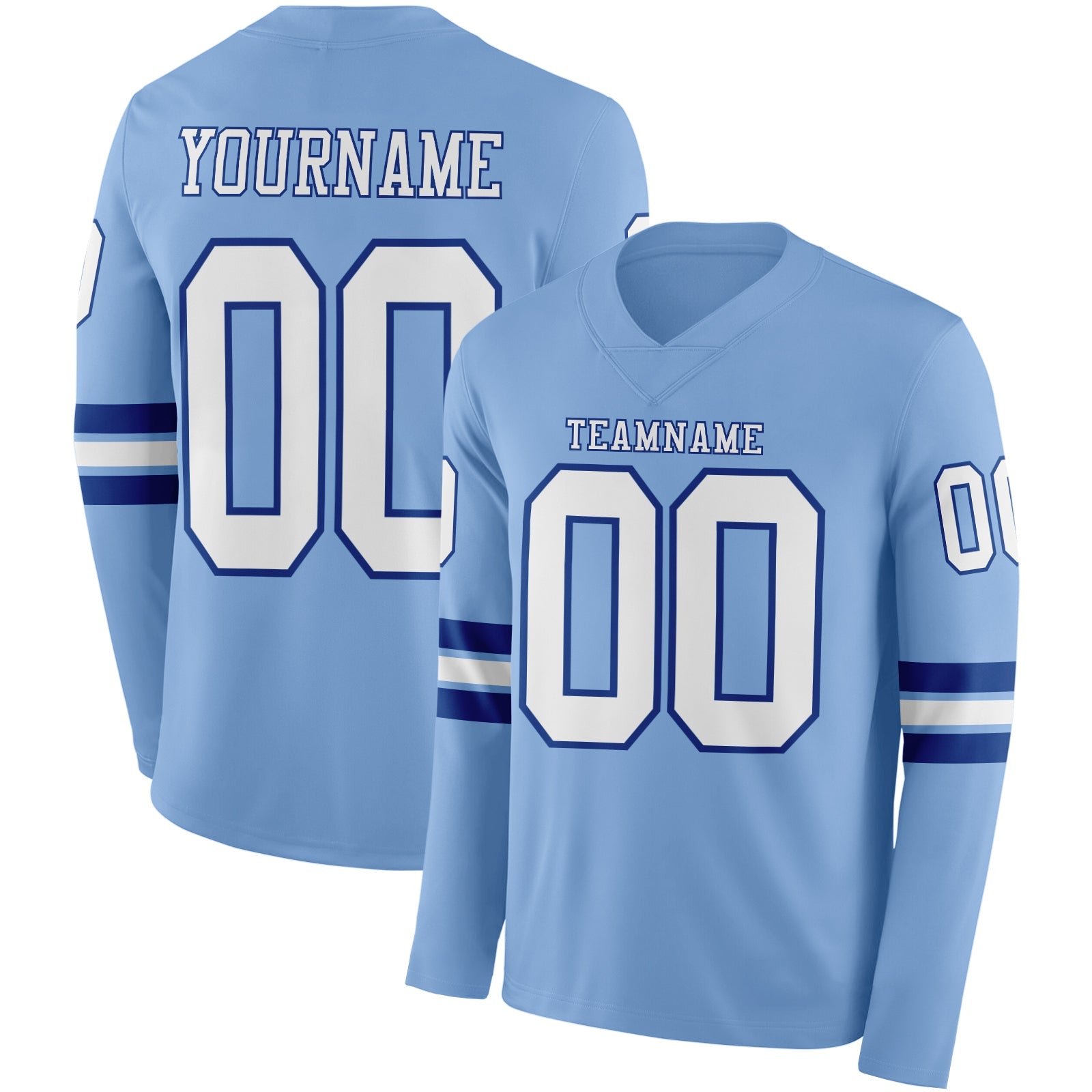 Custom Light Blue White-Royal Long Sleeve Authentic Football Jersey - Main View