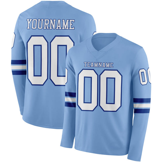 Custom Light Blue White-Royal Long Sleeve Authentic Football Jersey - Main View