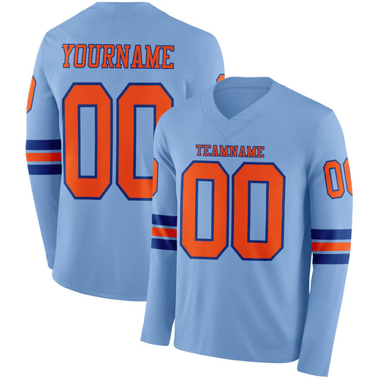 Custom Light Blue Orange-Royal Long Sleeve Authentic Football Jersey - Main View