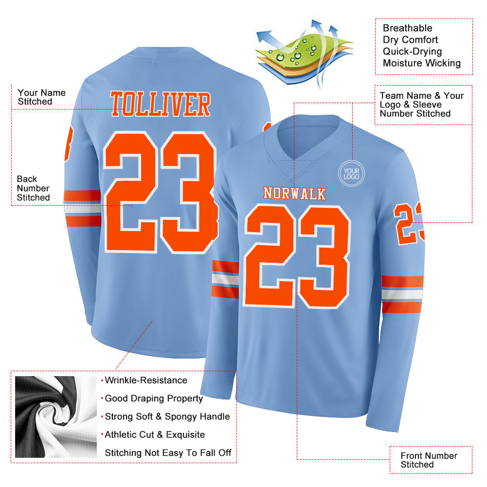 Custom Light Blue Orange-White Long Sleeve Authentic Football Jersey view 2