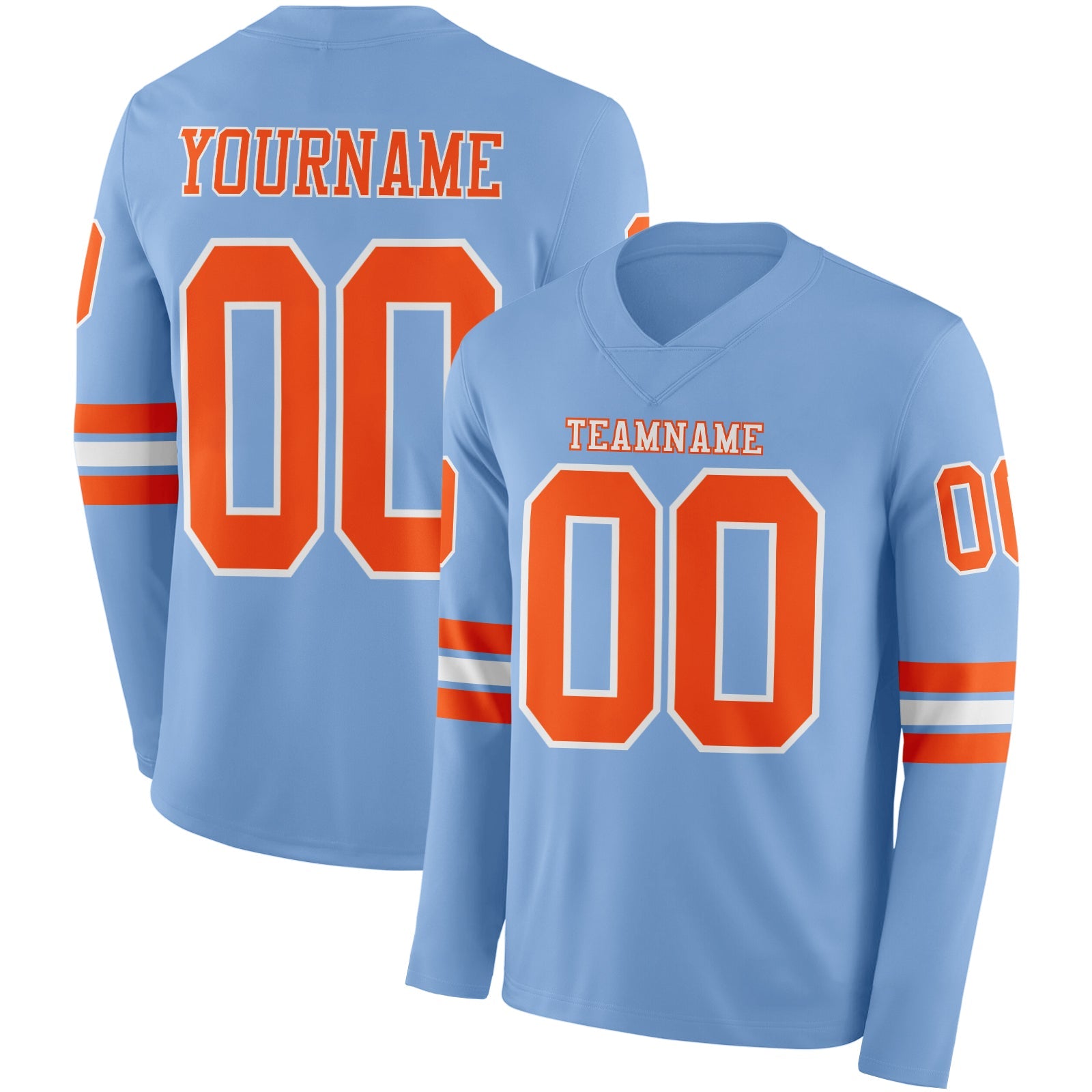 Custom Light Blue Orange-White Long Sleeve Authentic Football Jersey - Main View