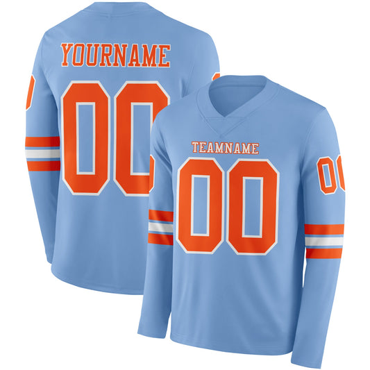 Custom Light Blue Orange-White Long Sleeve Authentic Football Jersey - Main View