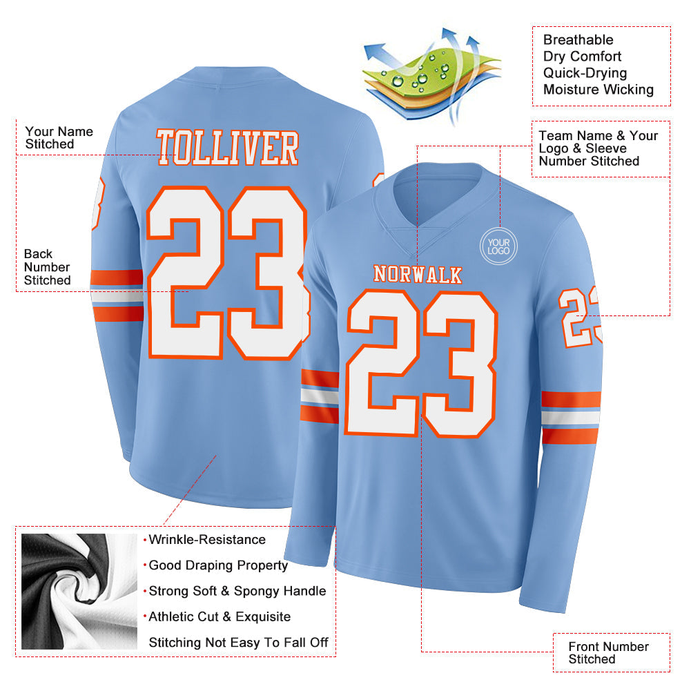Custom Light Blue White-Orange Long Sleeve Authentic Football Jersey view 2