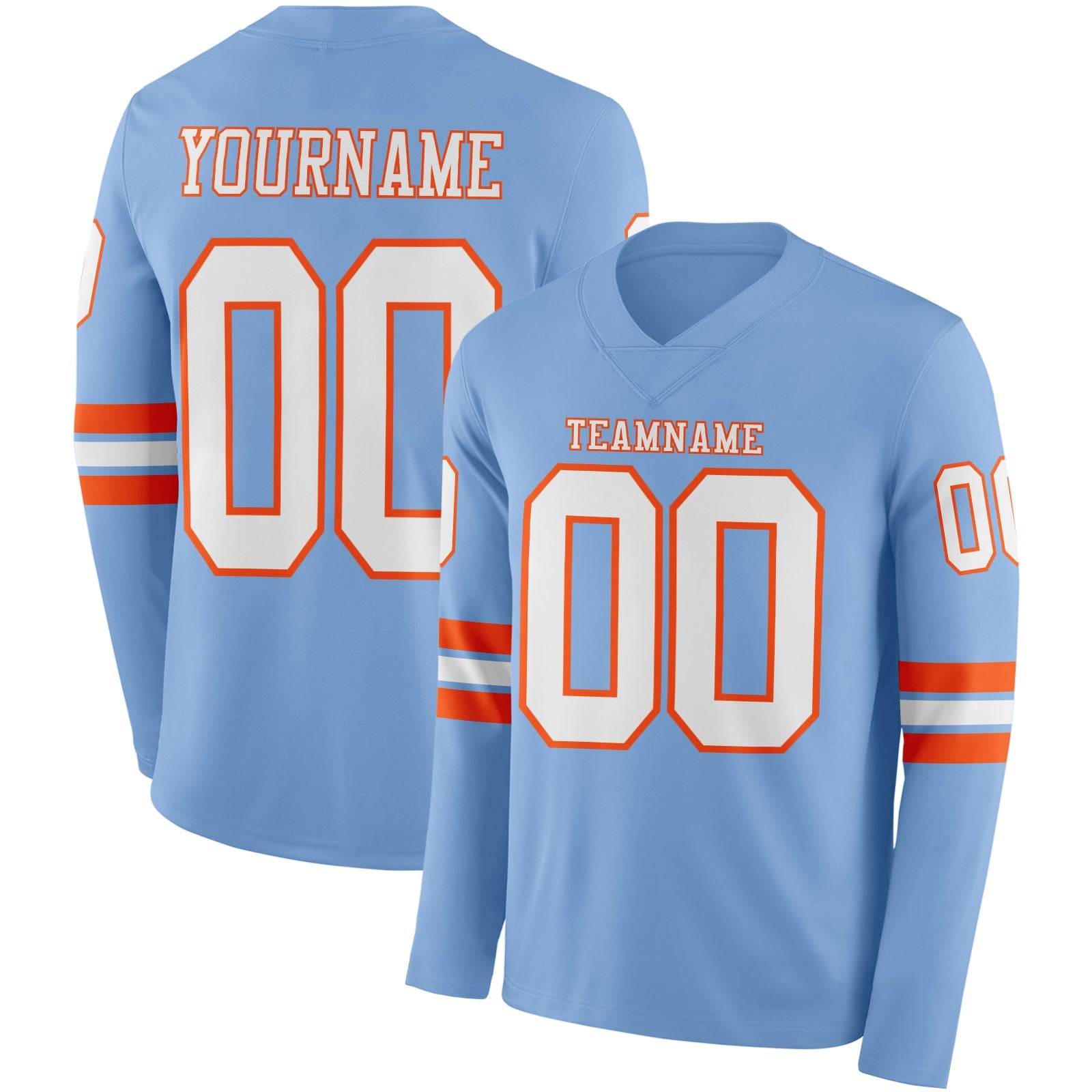 Custom Light Blue White-Orange Long Sleeve Authentic Football Jersey - Main View