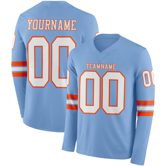 Custom Light Blue White-Orange Long Sleeve Authentic Football Jersey - Main View