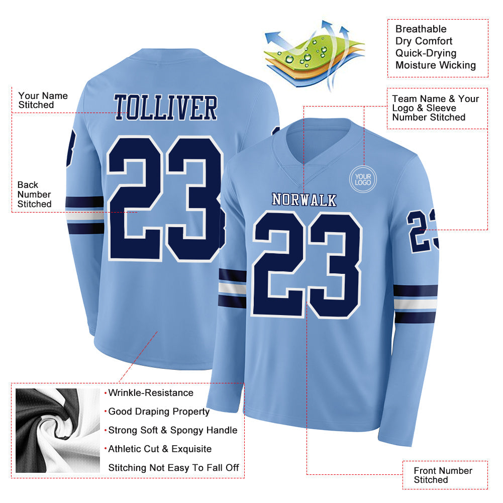 Custom Light Blue Navy-White Long Sleeve Authentic Football Jersey view 2