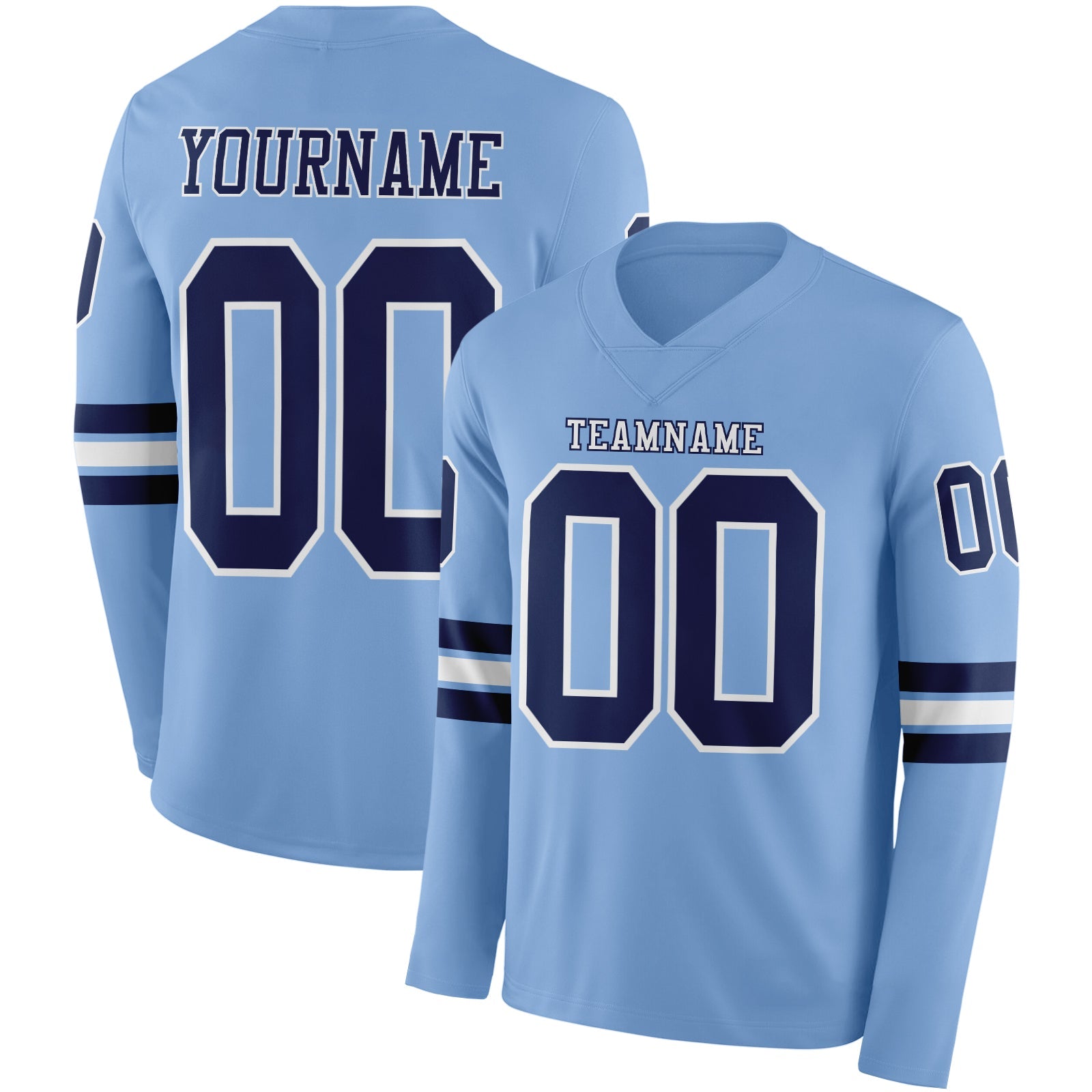 Custom Light Blue Navy-White Long Sleeve Authentic Football Jersey - Main View