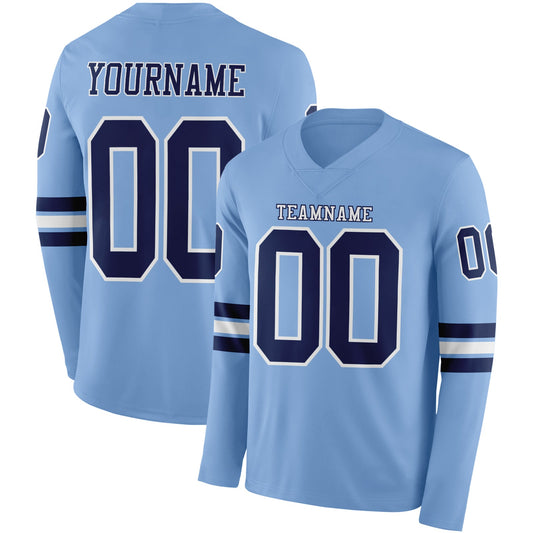 Custom Light Blue Navy-White Long Sleeve Authentic Football Jersey - Main View