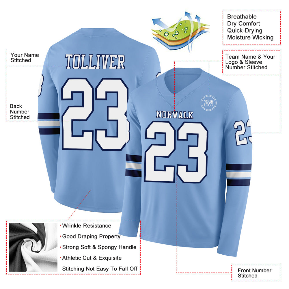 Custom Light Blue White-Navy Long Sleeve Authentic Football Jersey view 2