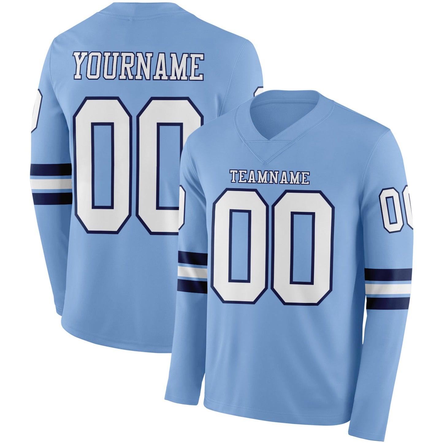 Custom Light Blue White-Navy Long Sleeve Authentic Football Jersey - Main View